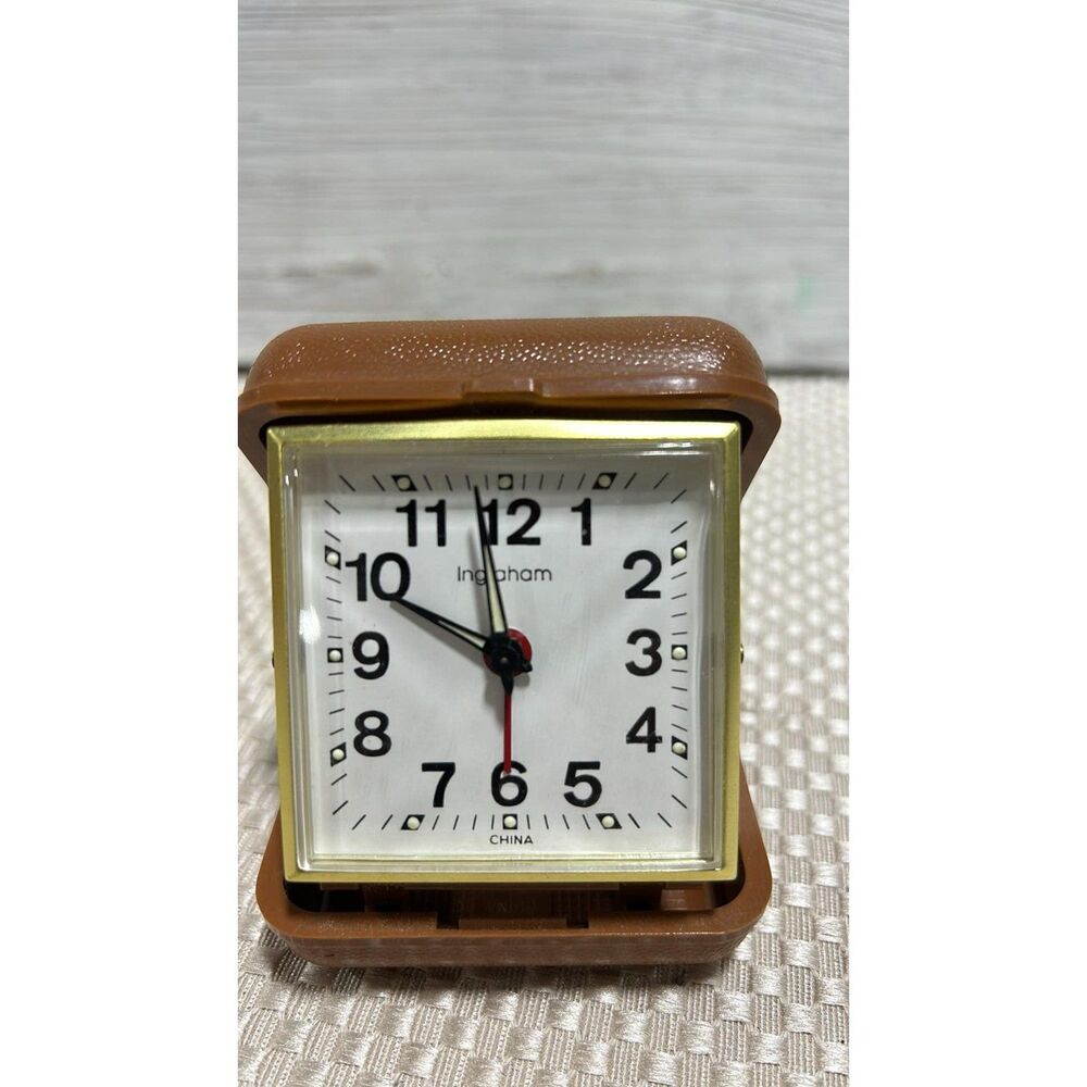 Vintage Ingraham Travel Alarm Clock Brown Case Mechanical Wind
